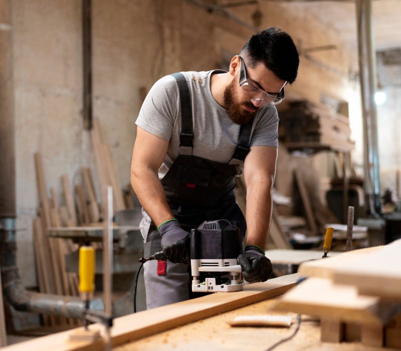 carpenter cutting wood with electric machine