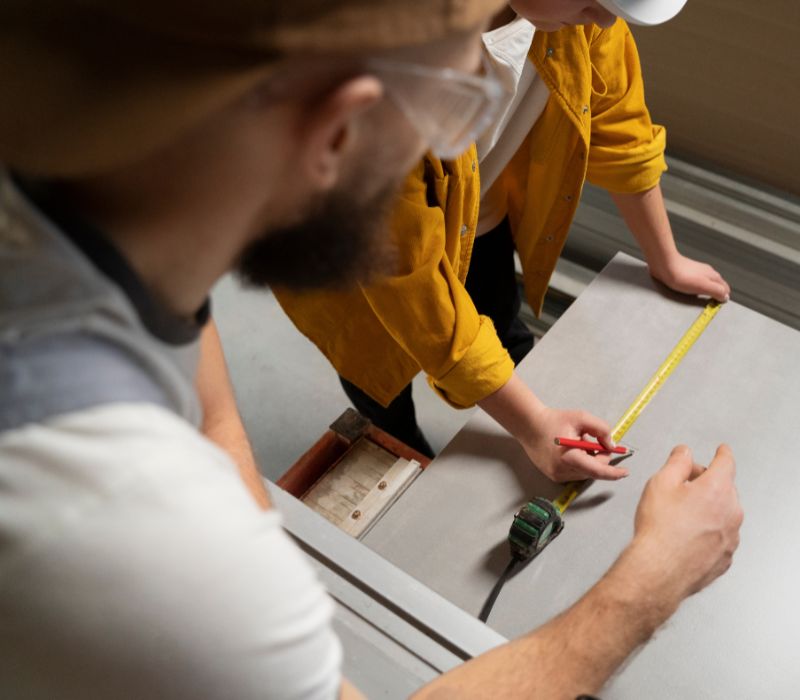 two persons measuring marble piece