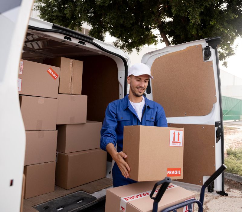 boy is placing luggage from van to trolly to provide moving service in Muscat